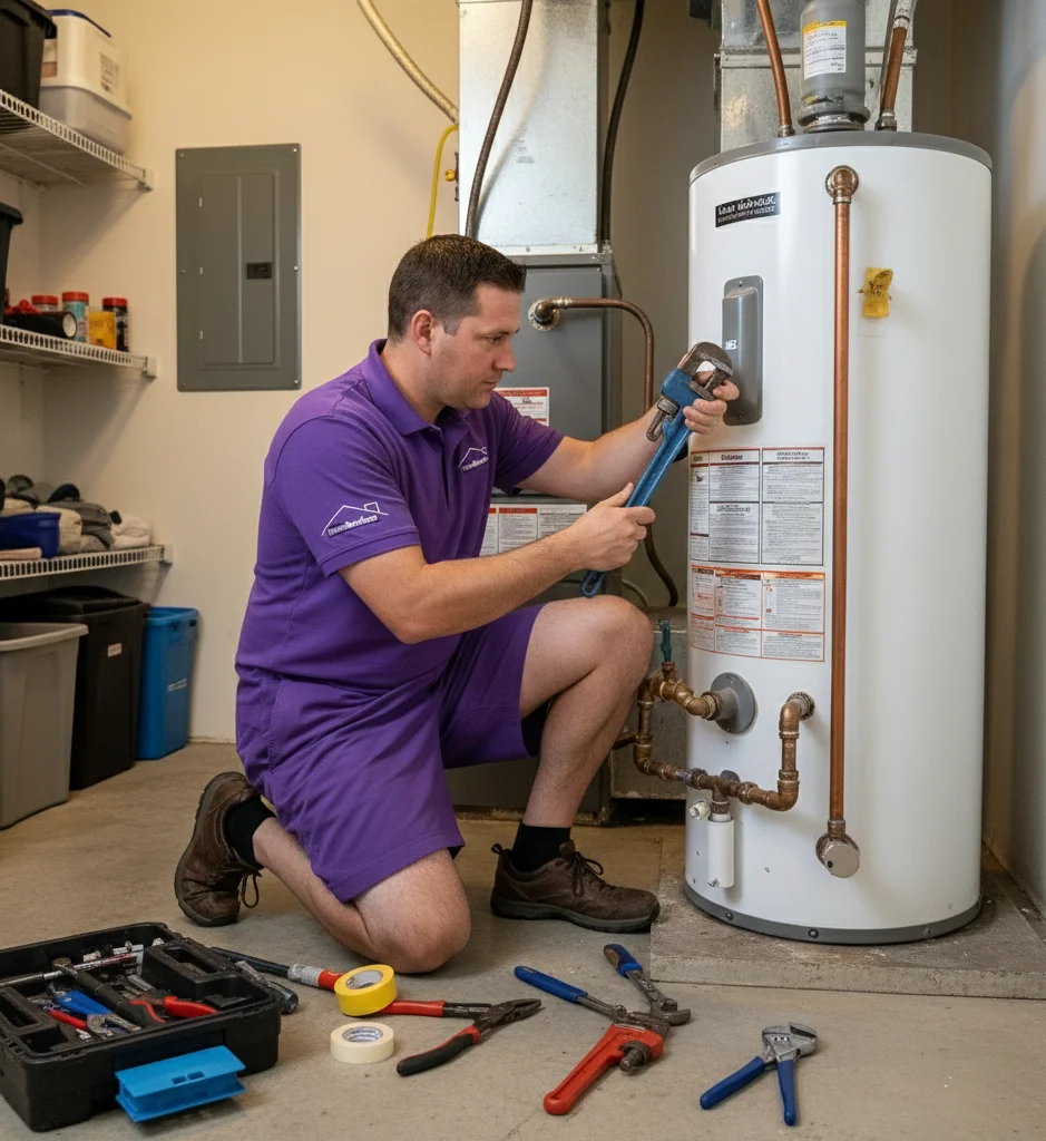 Plumber inspecting a home water heater