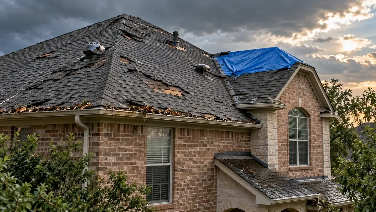 Storm-damaged shingle roof with a temporary tarp